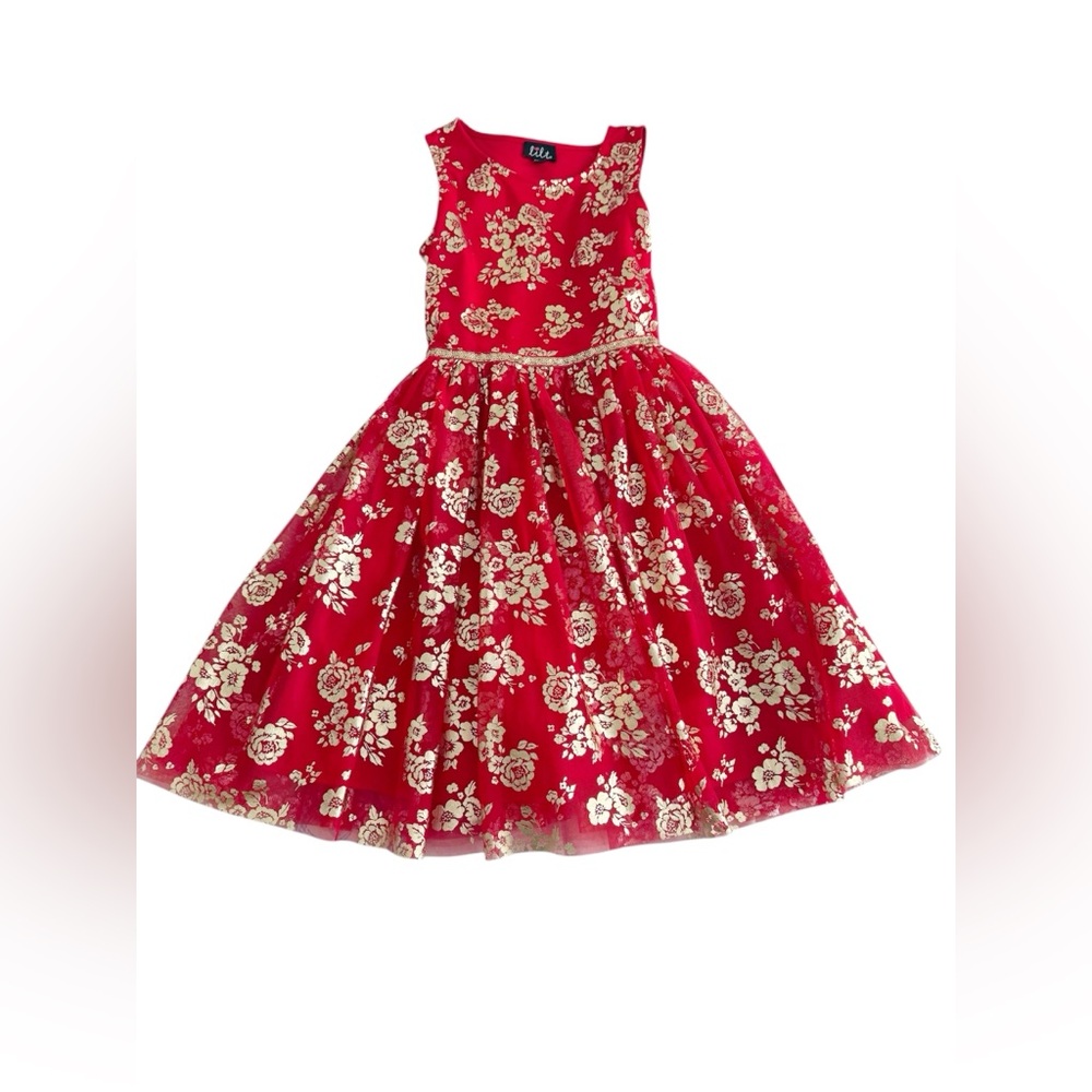 LILT Red Floral Dress with Gold Accents